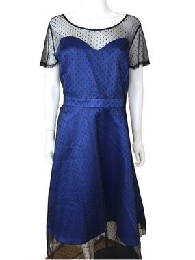 Lindy Bop Women’s Blue Polka Dot Mesh Overlay Fit  and Flare Dress Size 16